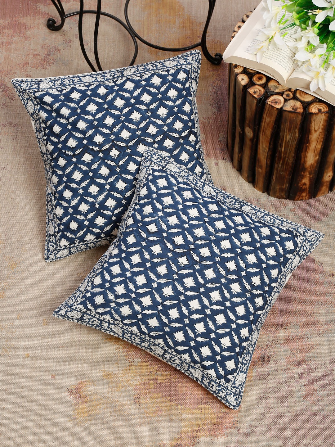 

EK BY EKTA KAPOOR Blue & White Pack Of 2 Cotton Hand Block Print Cushion Covers