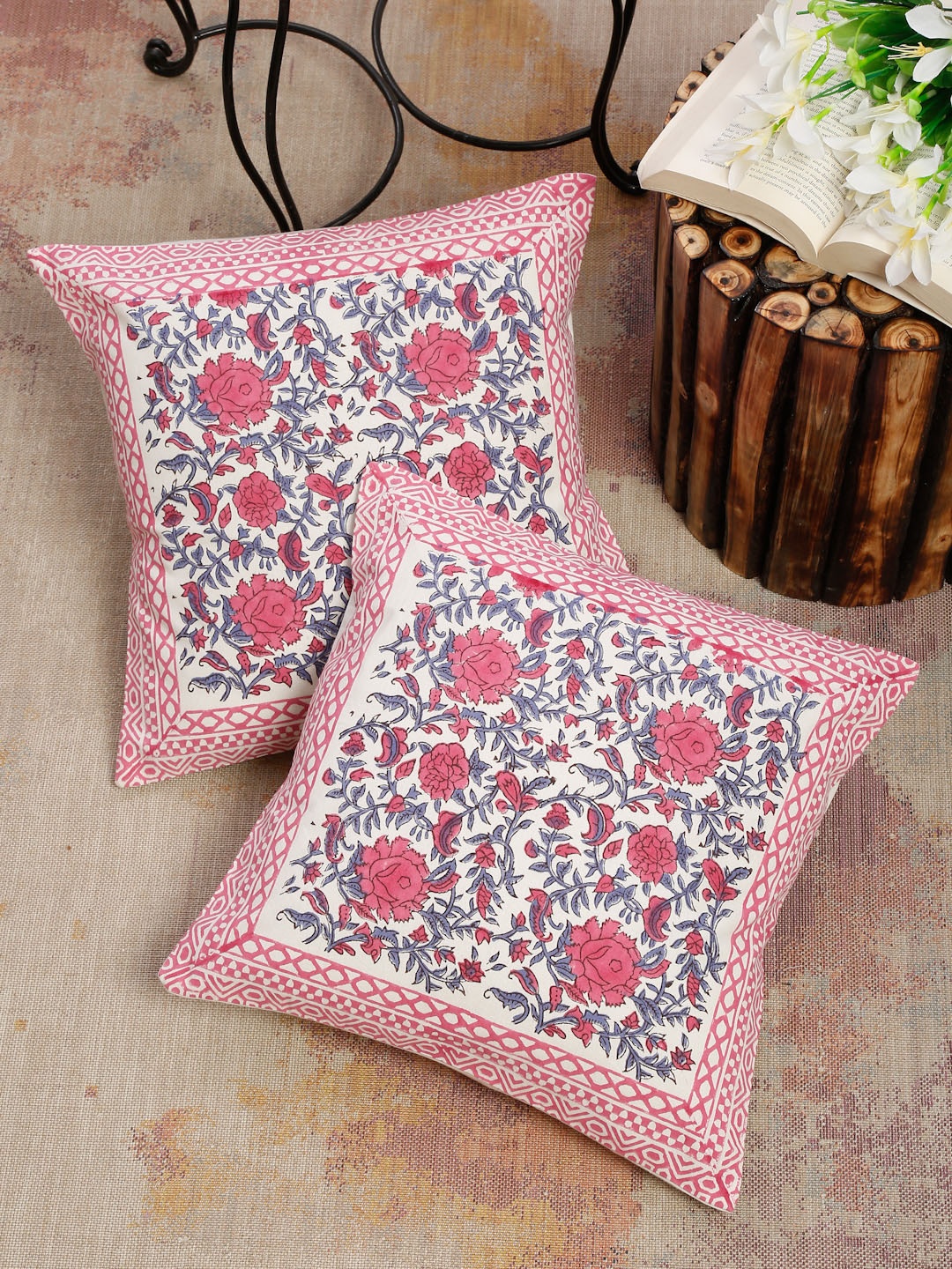 

EK BY EKTA KAPOOR Pack Of 2 Pink Cotton Block Printed Cushion Covers