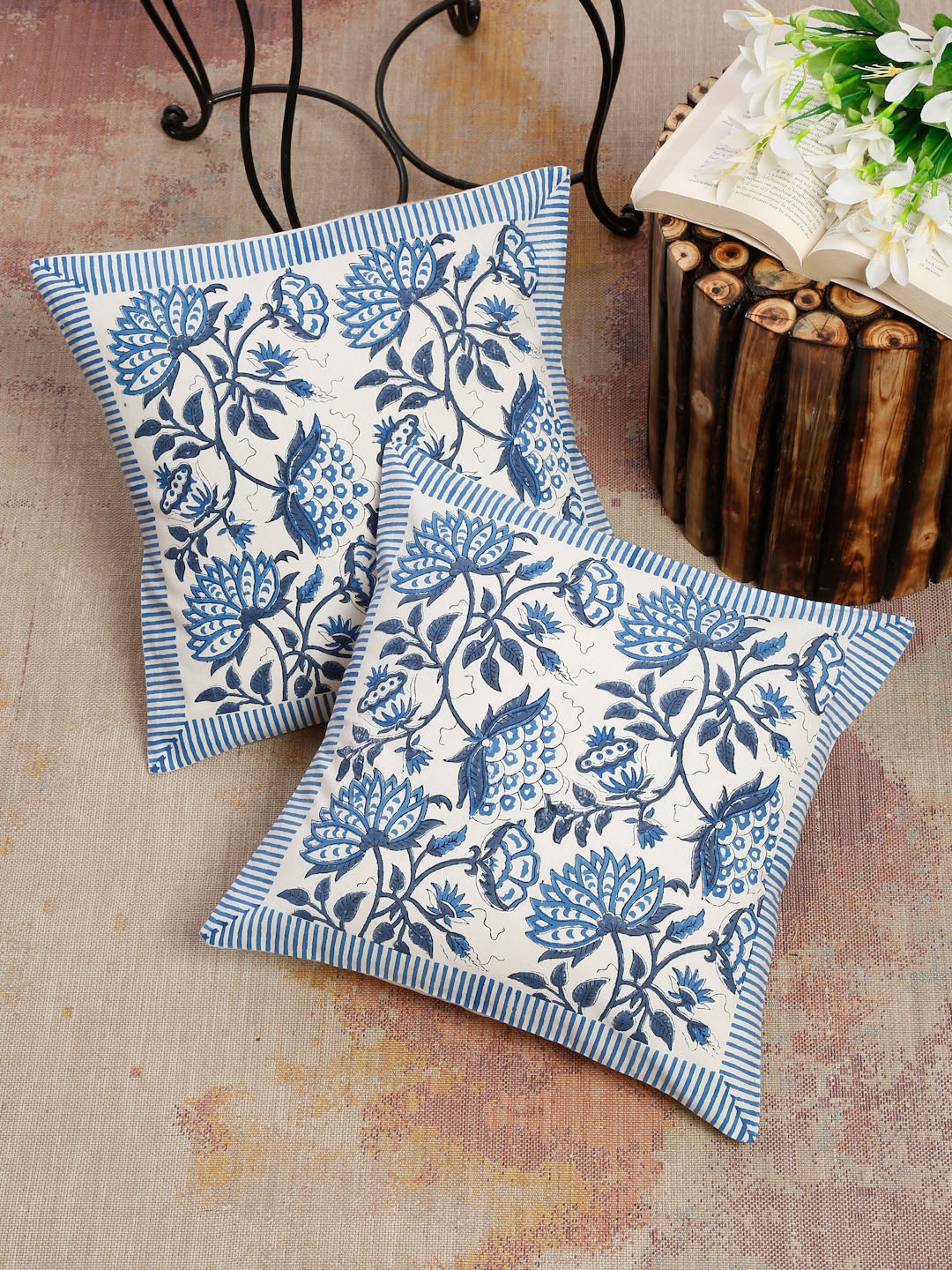 

EK BY EKTA KAPOOR Set of 2 Block Printed Pure Cotton Square Cushion Covers, Blue