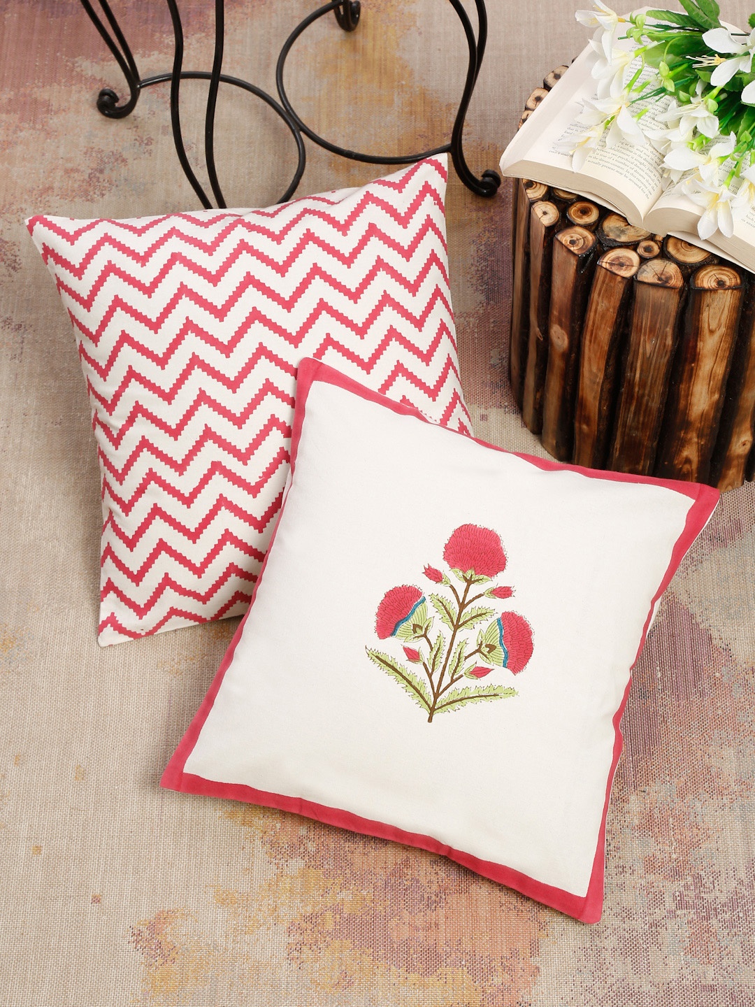 

EK BY EKTA KAPOOR Multicoloured Set of 2 Cotton Block Printed Cushion Covers, White