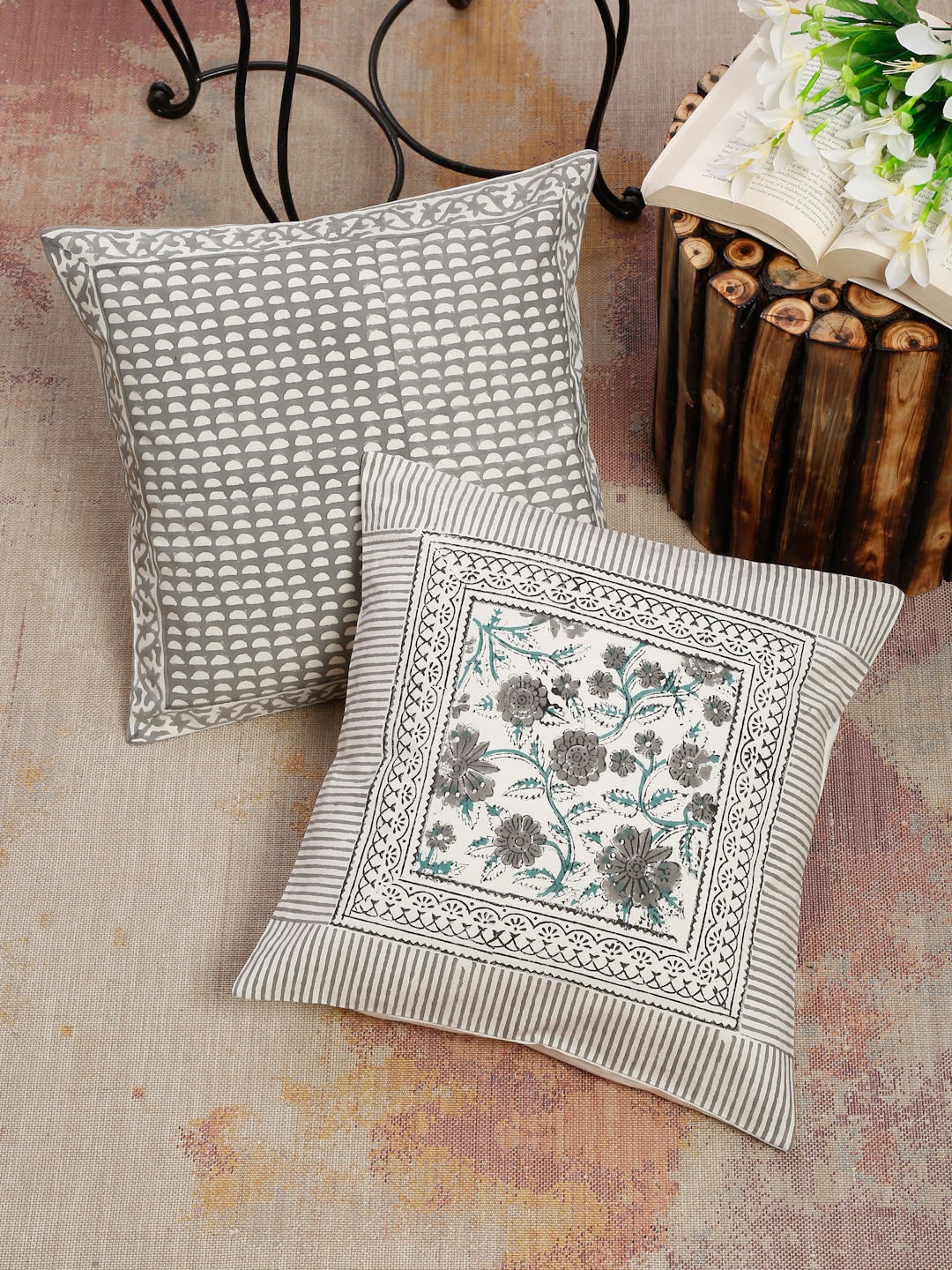 

EK BY EKTA KAPOOR Grey & Beige Set of 2 Block Print Cotton Square Cushion Covers