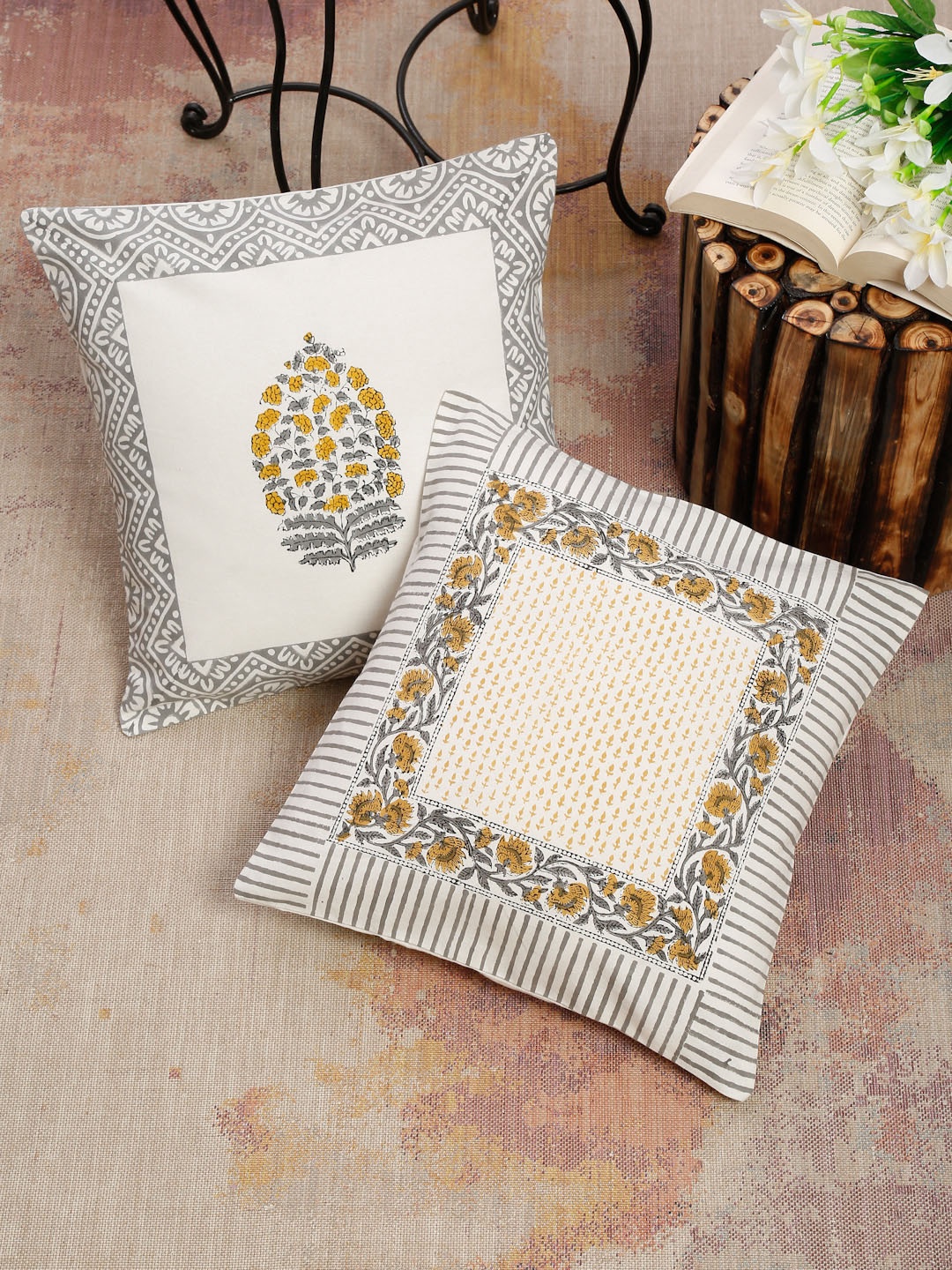 

EK BY EKTA KAPOOR Set of 2 Cotton Block Printed White Cushion Covers