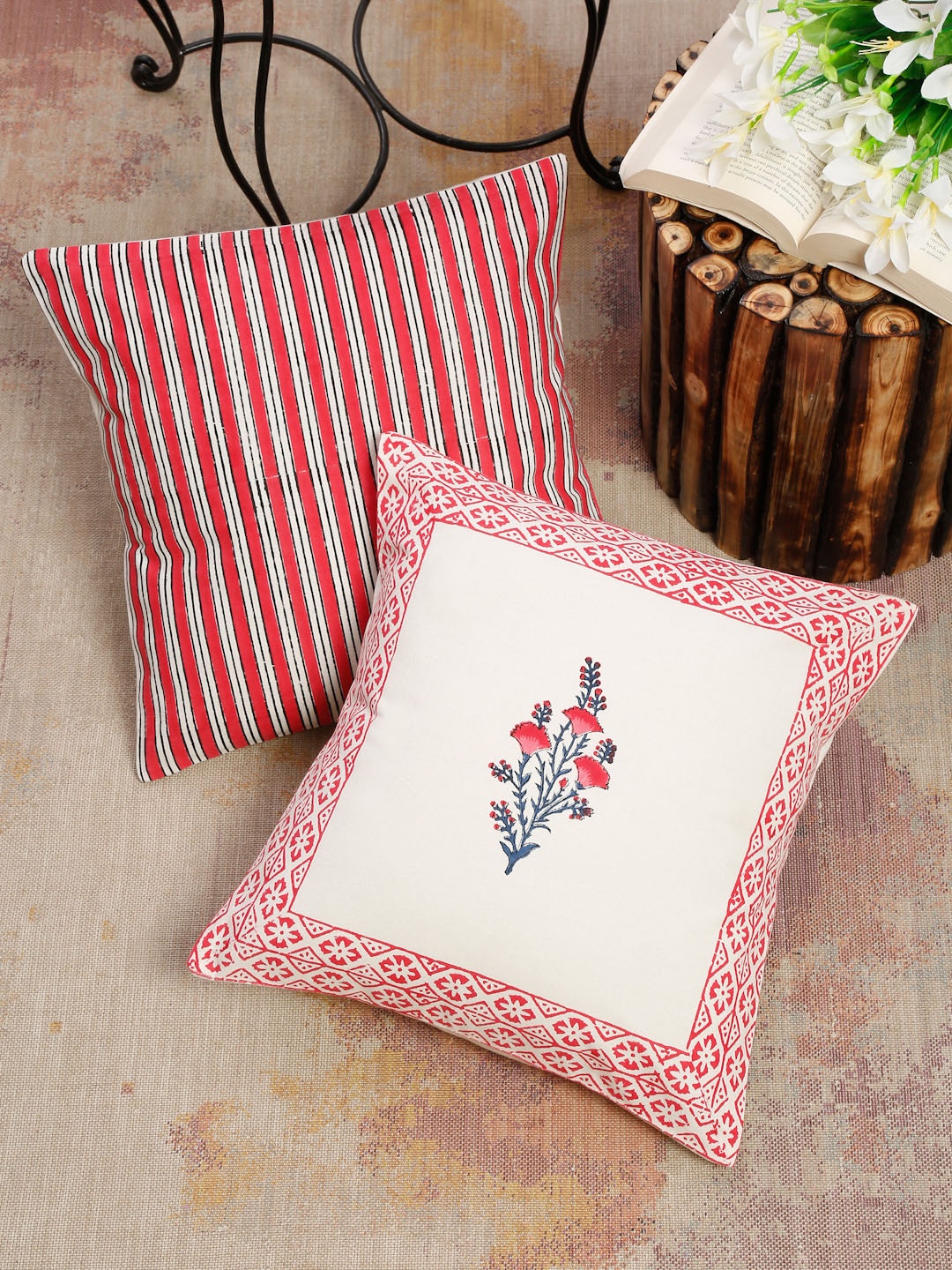

EK BY EKTA KAPOOR Set of 2 Block Print Cotton Square Cushion Covers, Pink