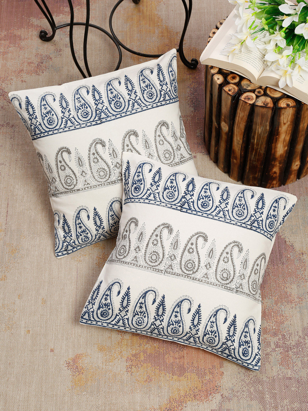 

EK BY EKTA KAPOOR Set of 2 Ethnic Motifs Block Printed Pure Cotton Square Cushion Covers, White