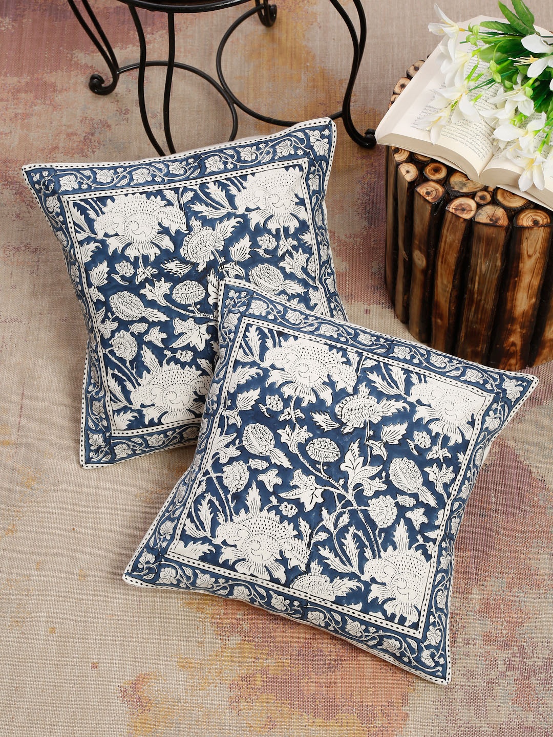 

EK BY EKTA KAPOOR Navy Blue & White Cotton Hand Block Print Cushion Covers