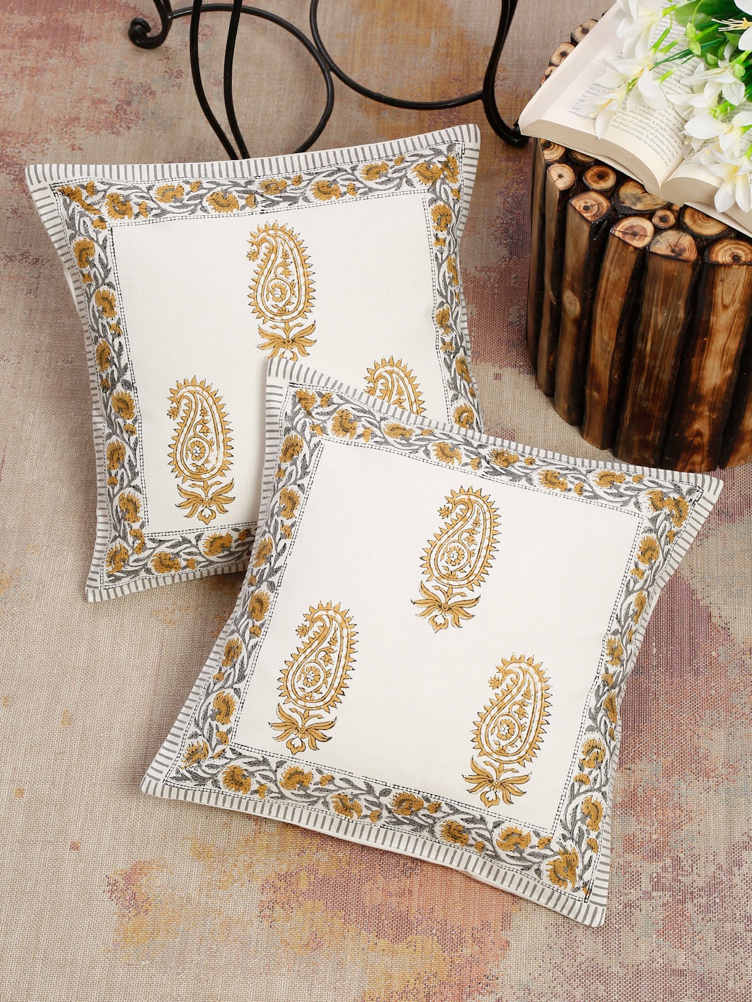 

EK BY EKTA KAPOOR Set of 2 Block Print Square Cotton Cushion Covers, White