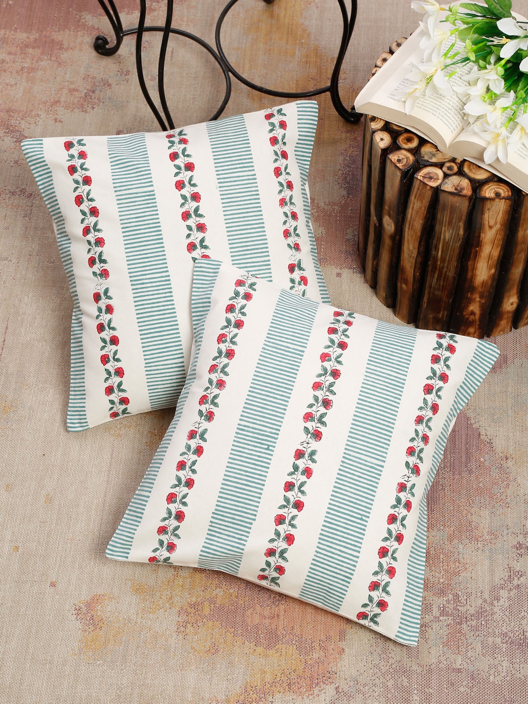 

EK BY EKTA KAPOOR Set of 2 Floral Block Printed Cotton Square Cushion Covers, Cream
