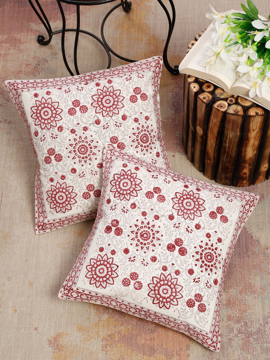 

EK BY EKTA KAPOOR Maroon & White Set of 2 Floral Cotton Square Cushion Covers