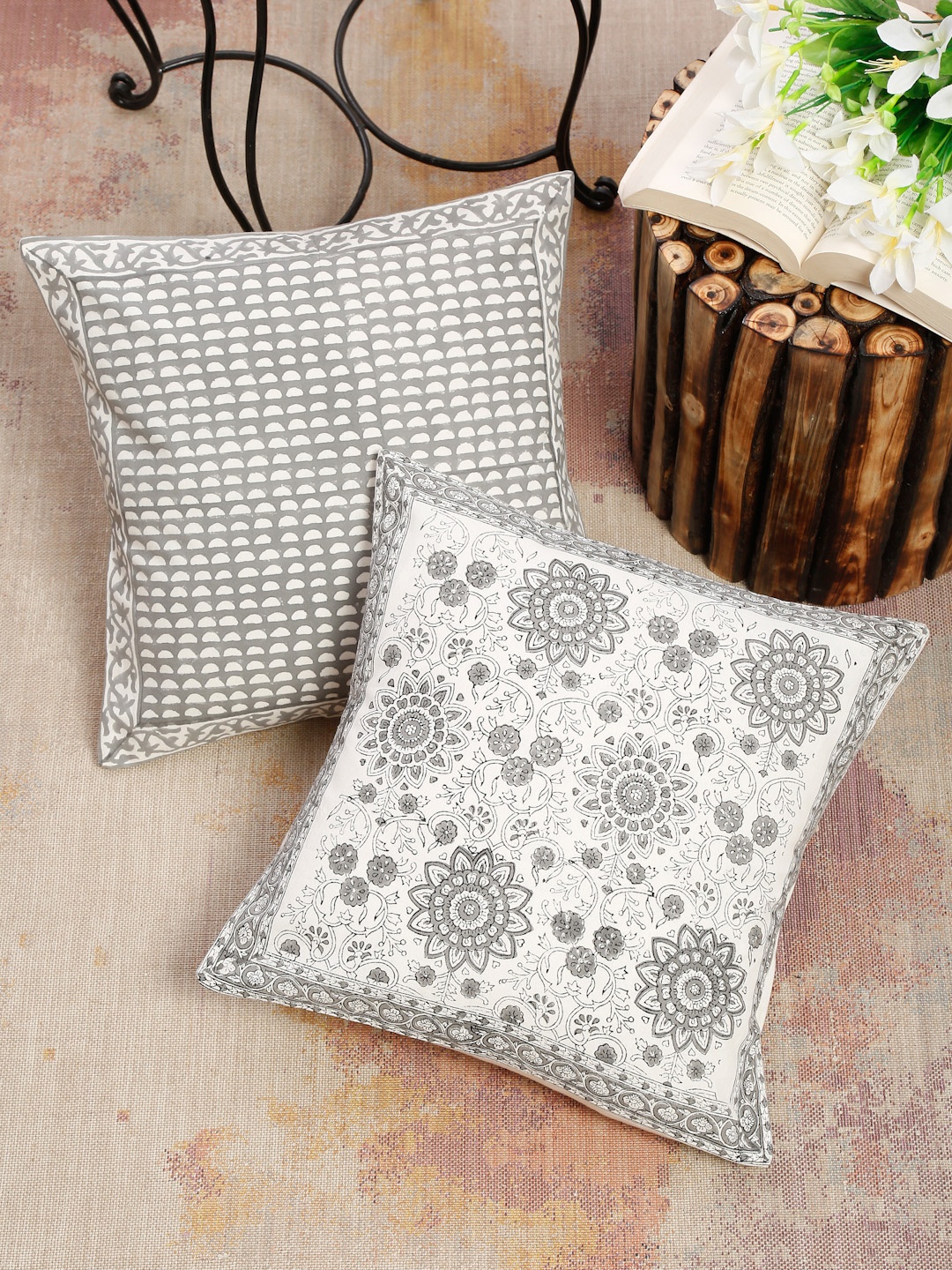 

EK BY EKTA KAPOOR Pack Of 2 Grey Floral Square Cotton Cushion Covers