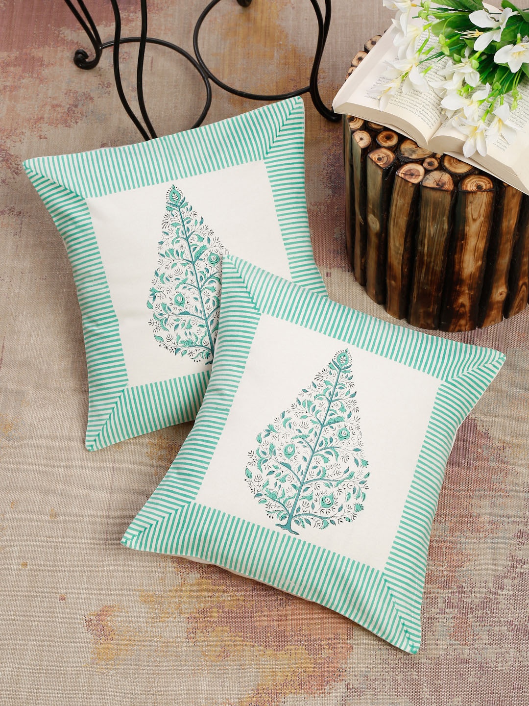 

EK BY EKTA KAPOOR Sea Green & White Pack Of 2 Cotton Hand Block Print Cushion Covers