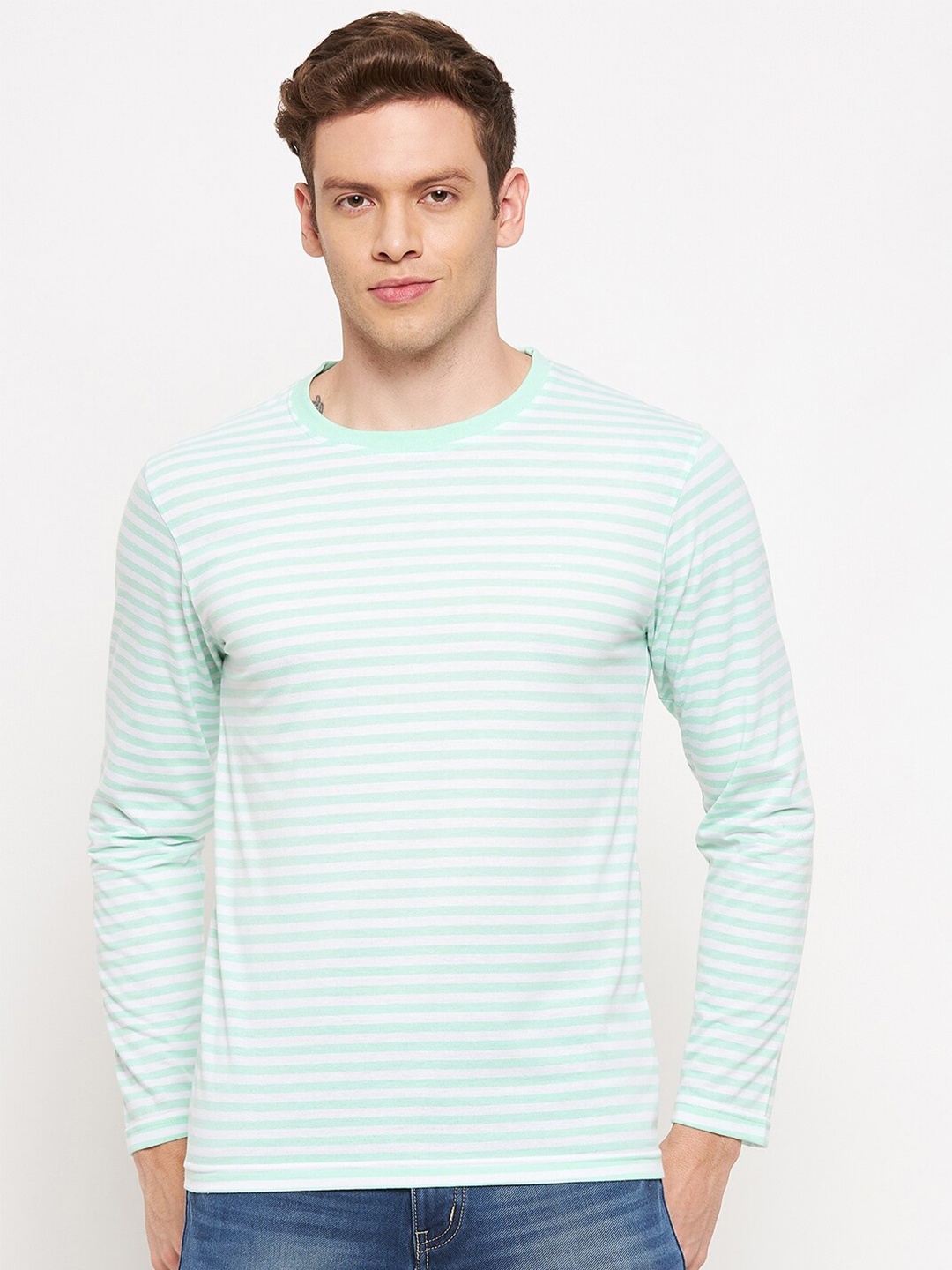 

Okane Men Green & White Striped T-shirt