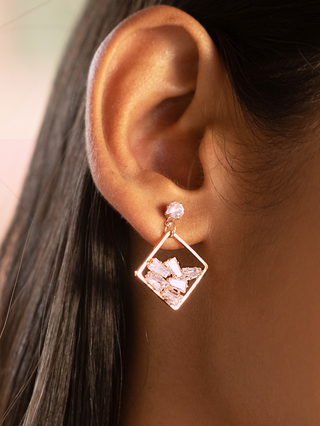 

Ayesha Rose Gold Rose Gold-Plated Rhinestone Studded Drop Earrings