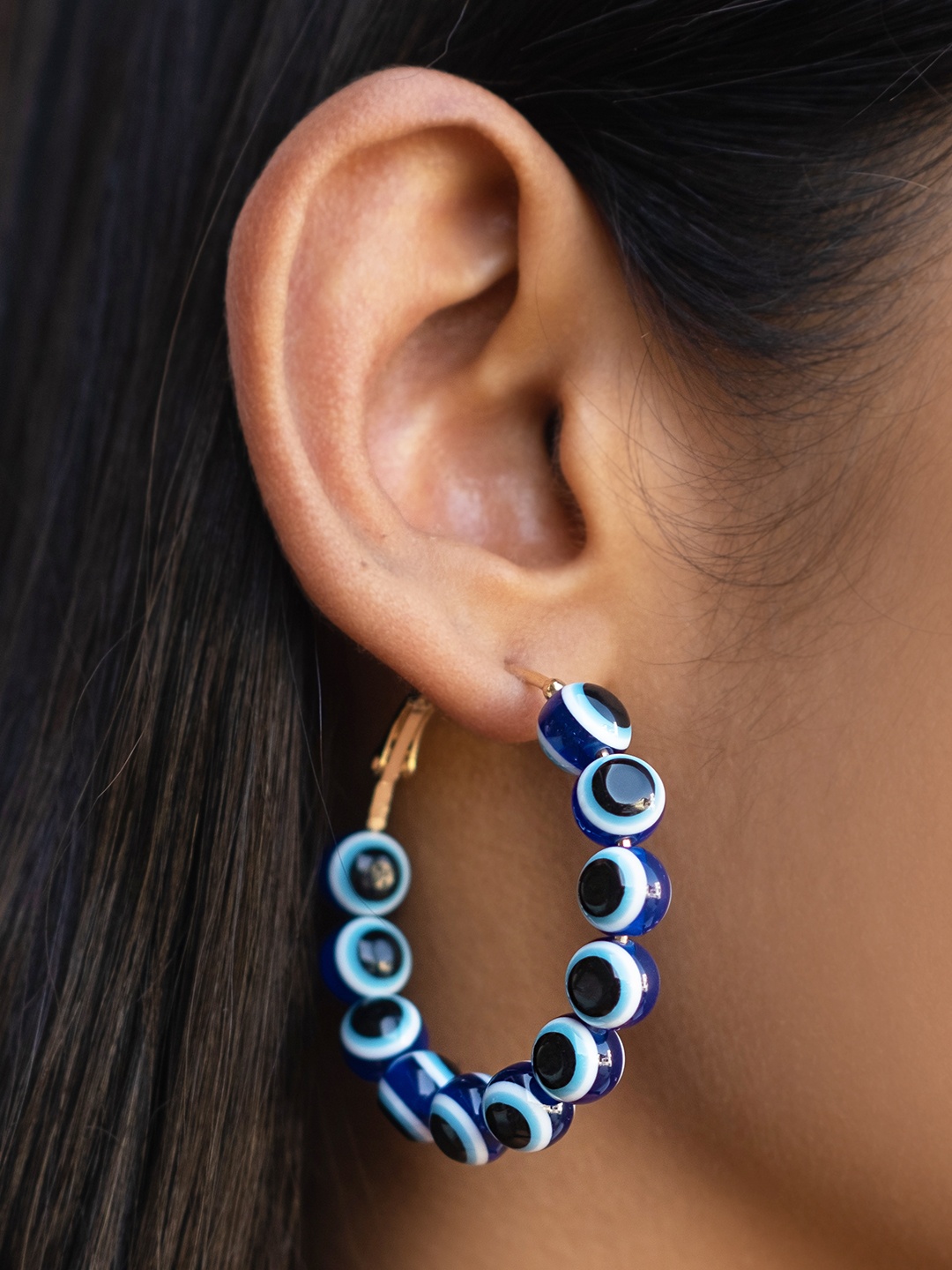 

Ayesha Blue And Gold Toned Oversized Evil Eye Studded Circular Hoop Earrings