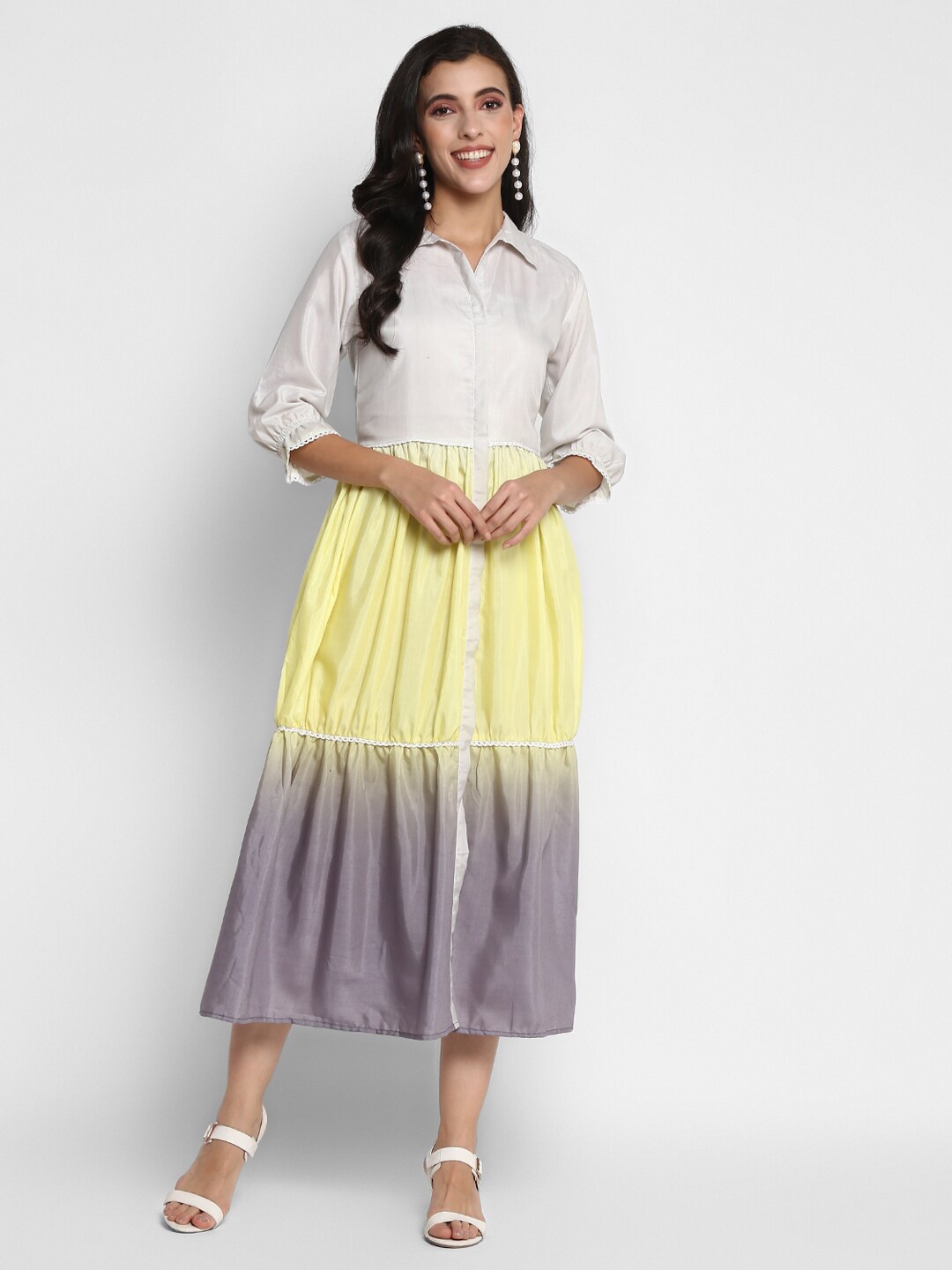 

VAABA Women Grey & Yellow Dyed Shirt Midi Dress