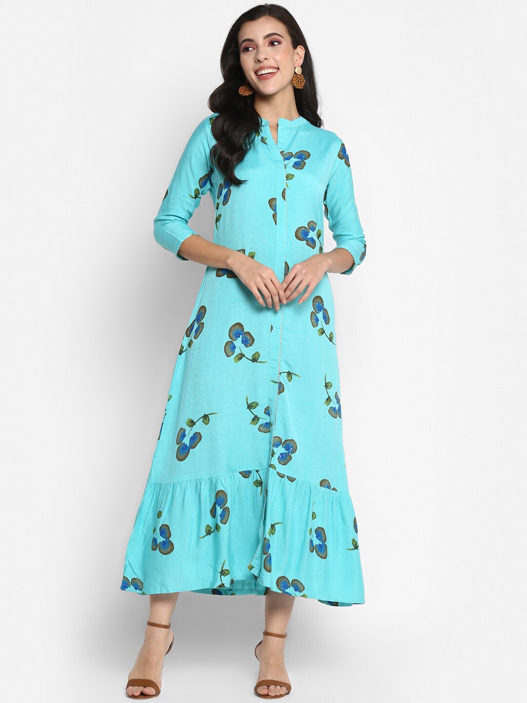 

VAABA Women Turquoise Blue Floral A-Line Midi Dress