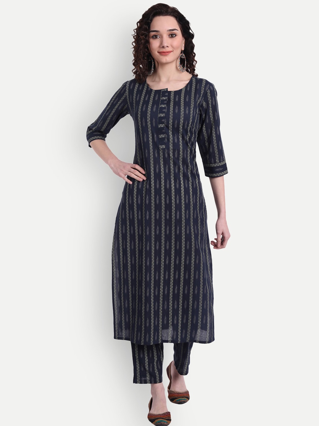 

Haute and Humble Women Blue Striped Pure Cotton Kurta with Trousers