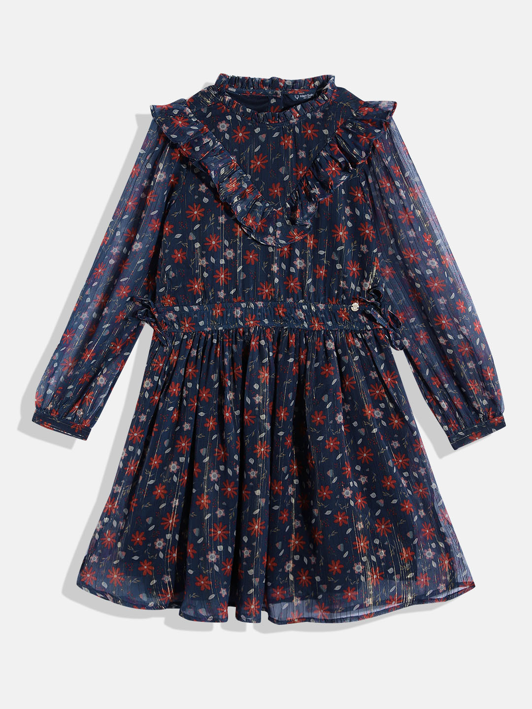 

Allen Solly Junior Girls Floral Print Fit & Flare Dress With Ruffle Detail, Navy blue