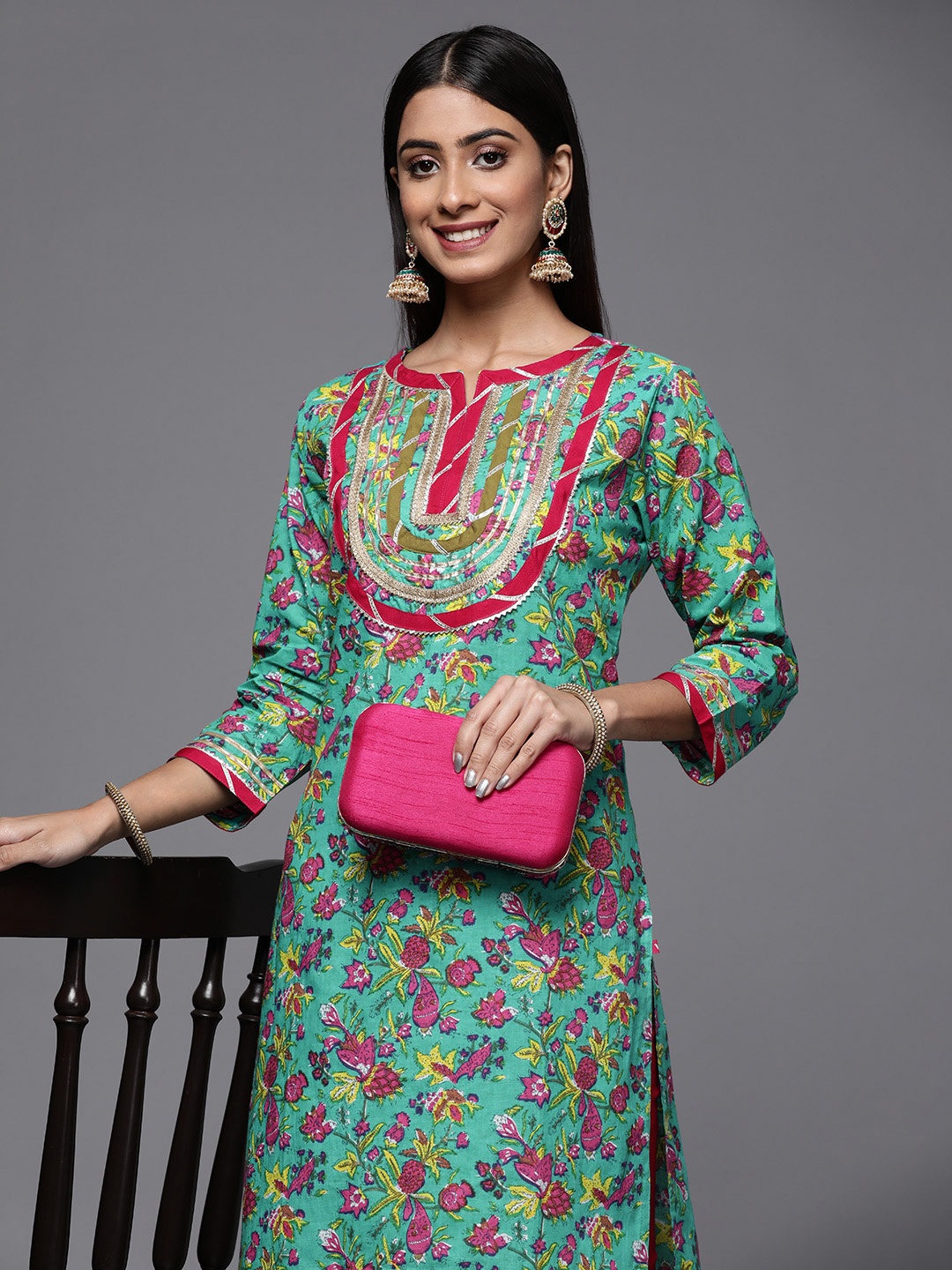 

Varanga Women Floral Printed Gotta Patti Kurta, Turquoise blue