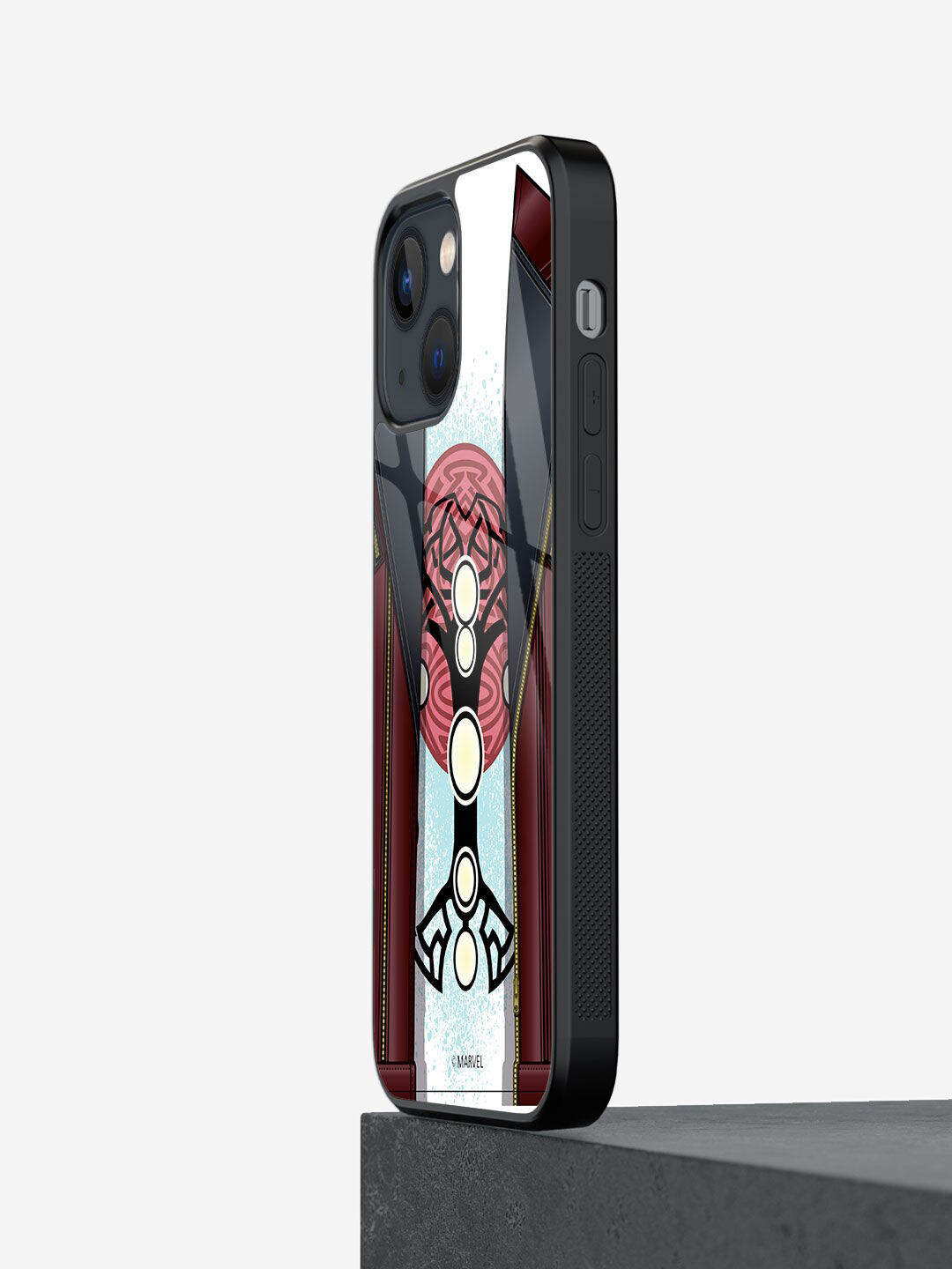 

macmerise White & Maroon Printed Suit Up Ravager Thor iPhone 13 Mini Glass Phone Back Case