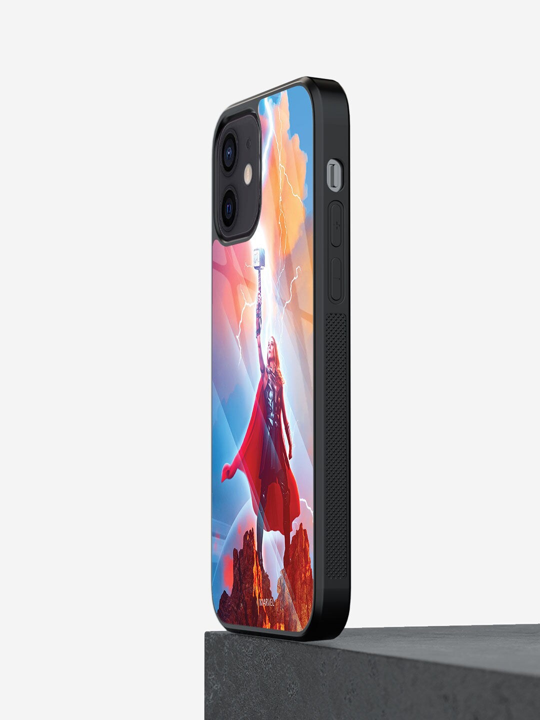 

macmerise Red & Blue Printed Raise the Mjolnir iPhone 12 Glass Phone Back Case