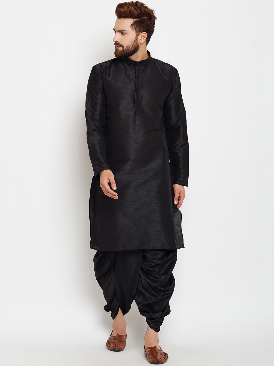 

ROYAL KURTA Men Solid Silk Blend Kurta with Dhoti Pants, Black