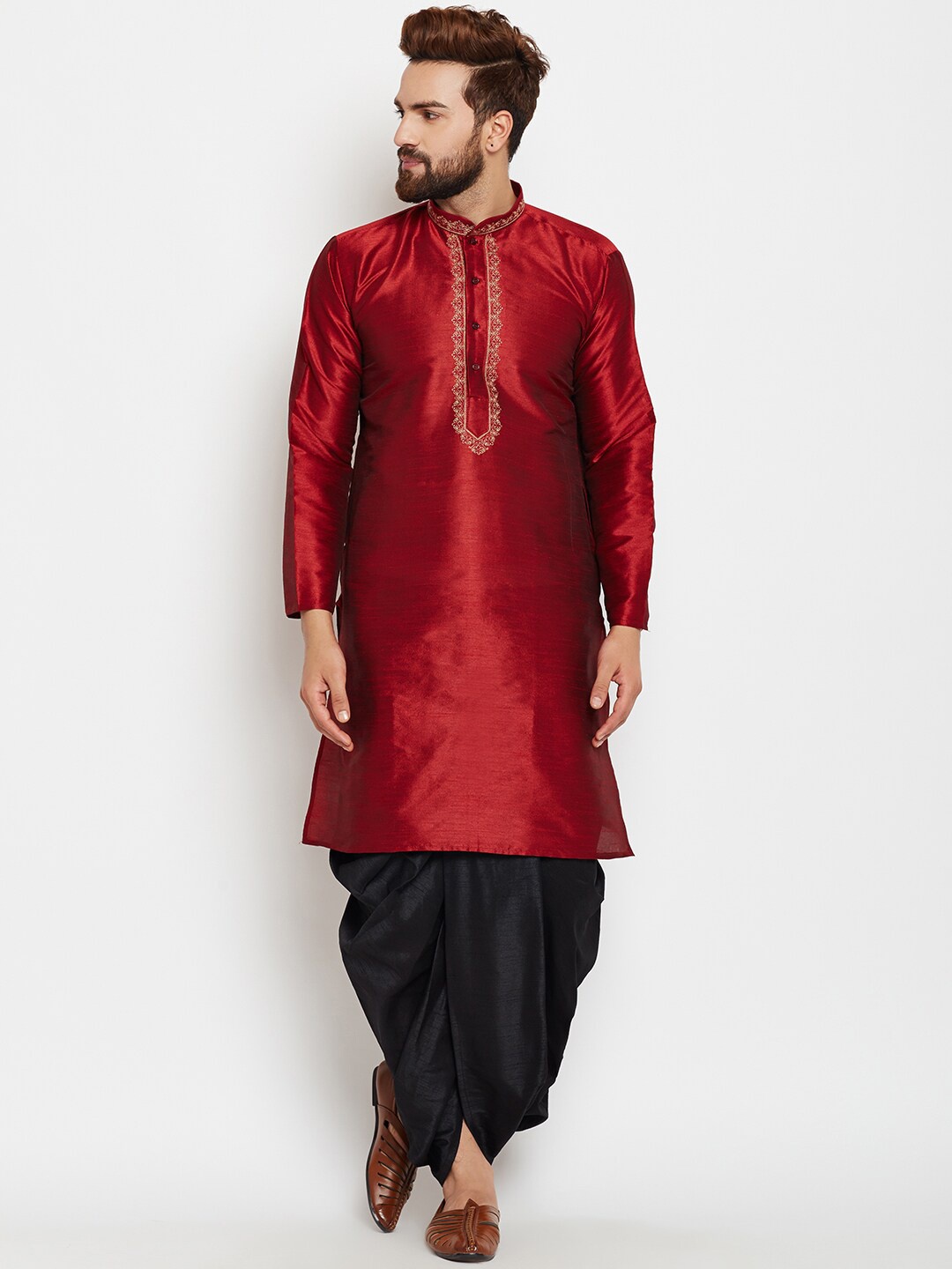 

ROYAL KURTA Men Embroidered Yoke Design Kurta With Dhoti Pant, Maroon