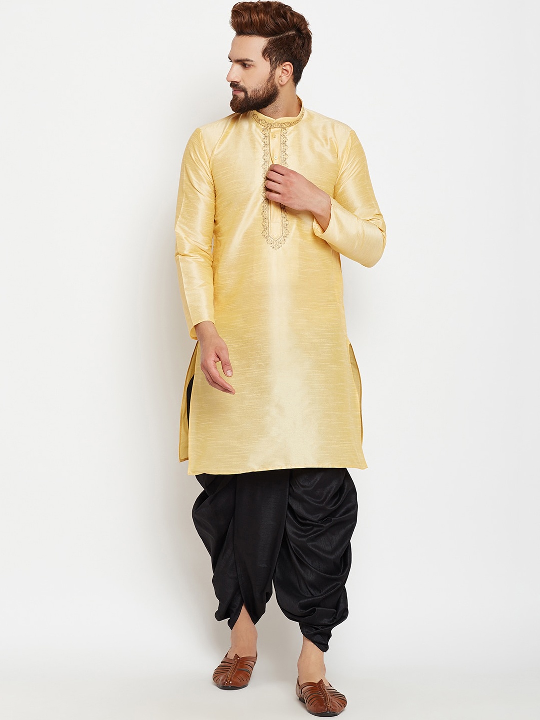 

ROYAL KURTA Men Gold-Toned Yoke Design Kurta with Dhoti Pants