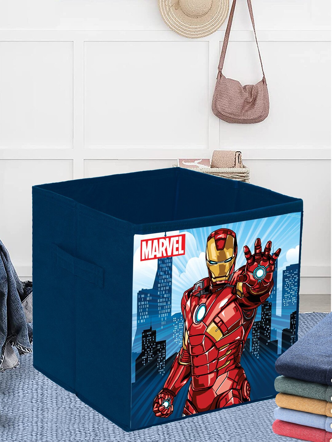 

Kuber Industries Set Of 3 Blue Ironman Printed Foldable Organizer Box With Handle