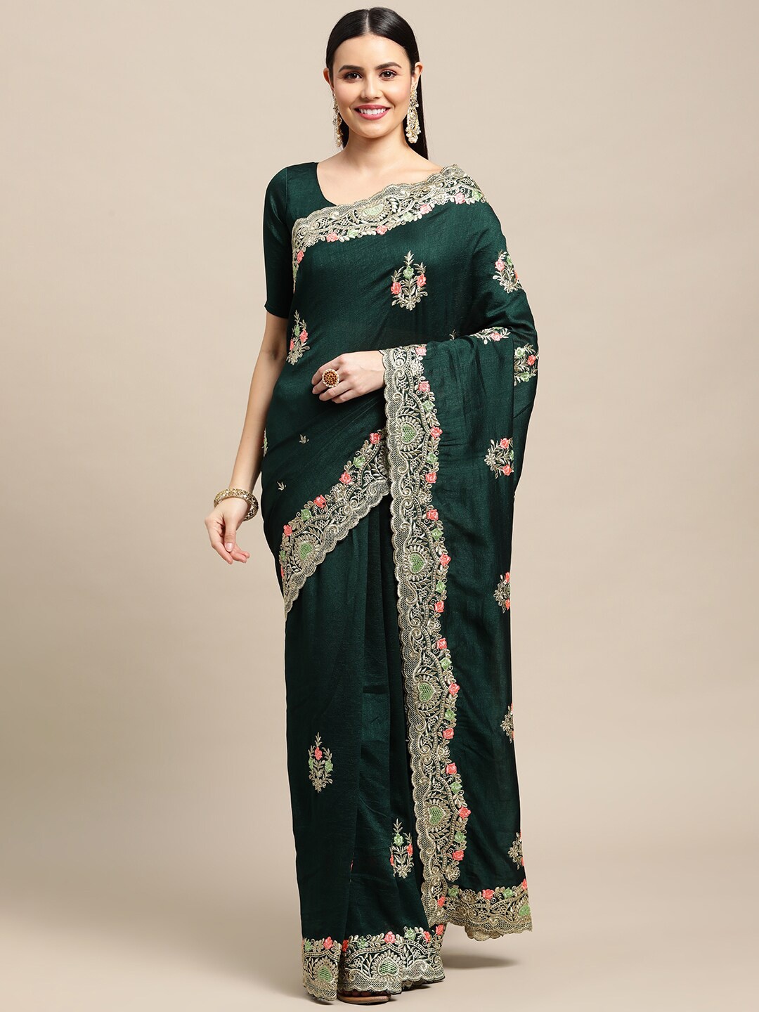 

Atsevam Green & Gold-Toned Floral Embroidered Saree