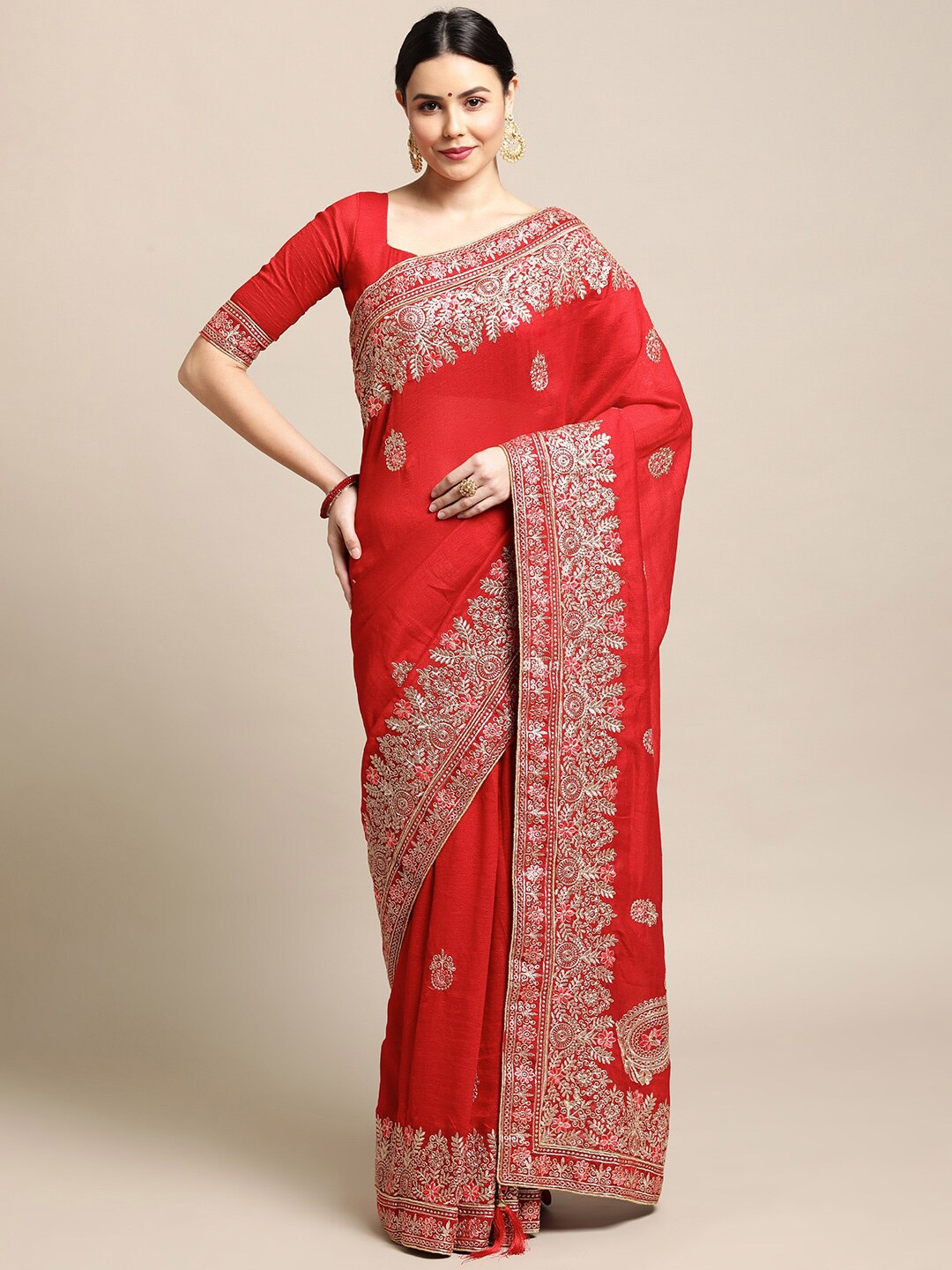 

Atsevam Red & Gold-Toned Floral Embroidered Saree