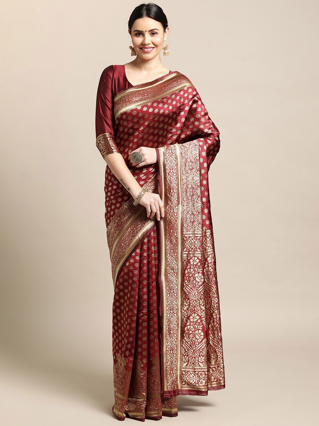 

Atsevam Maroon & Gold-Toned Ethnic Motifs Zari Silk Blend Saree