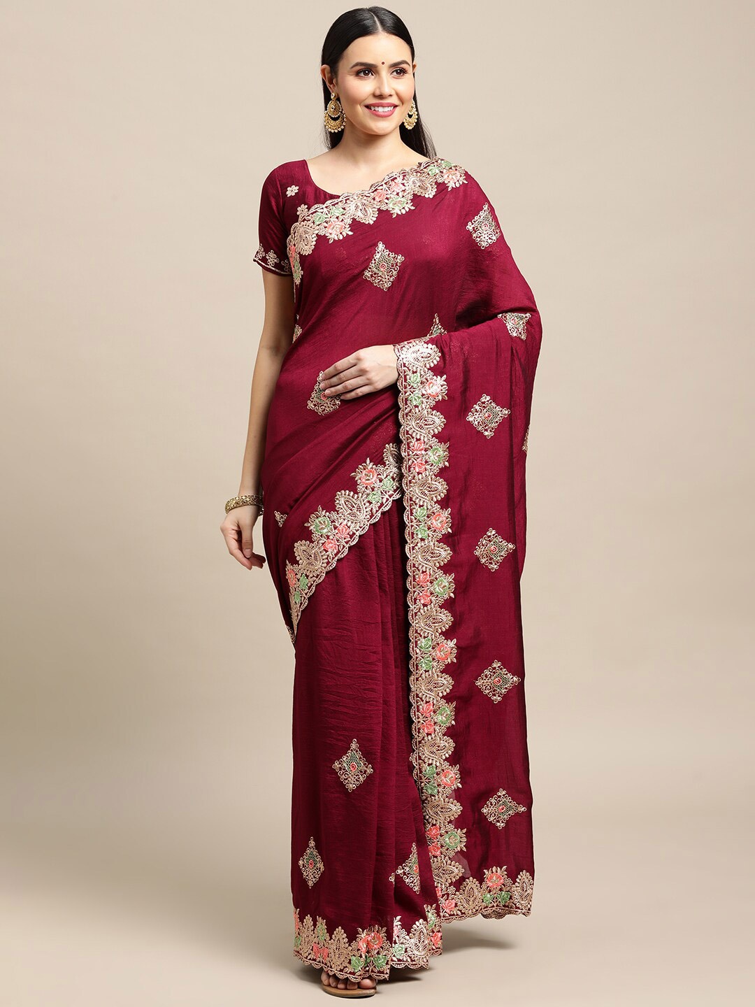 

Atsevam Maroon & Gold-Toned Floral Embroidered Saree