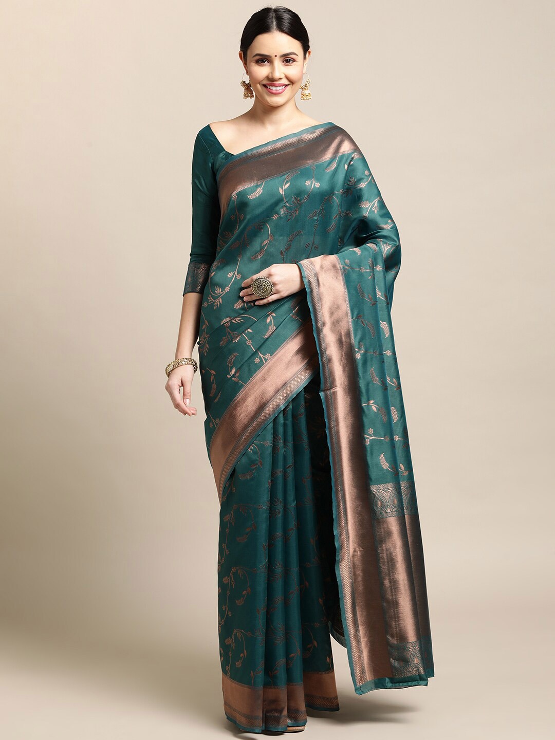 

Atsevam Green & Copper-Toned Ethnic Motifs Zari Saree