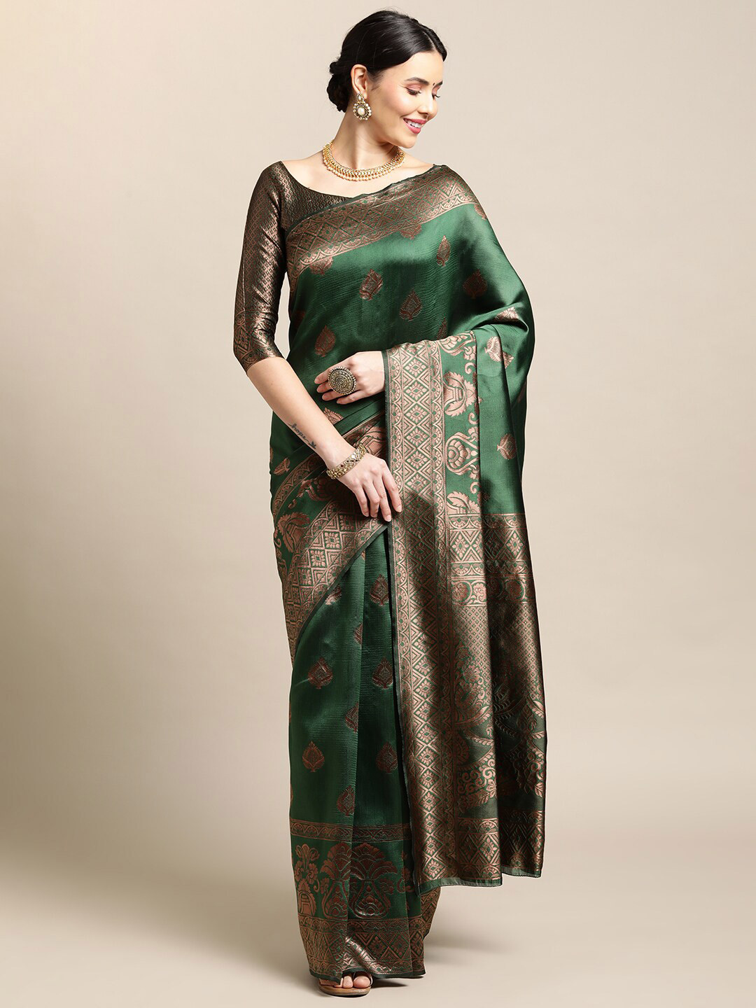 

Atsevam Green & Copper-Toned Ethnic Motifs Zari Saree