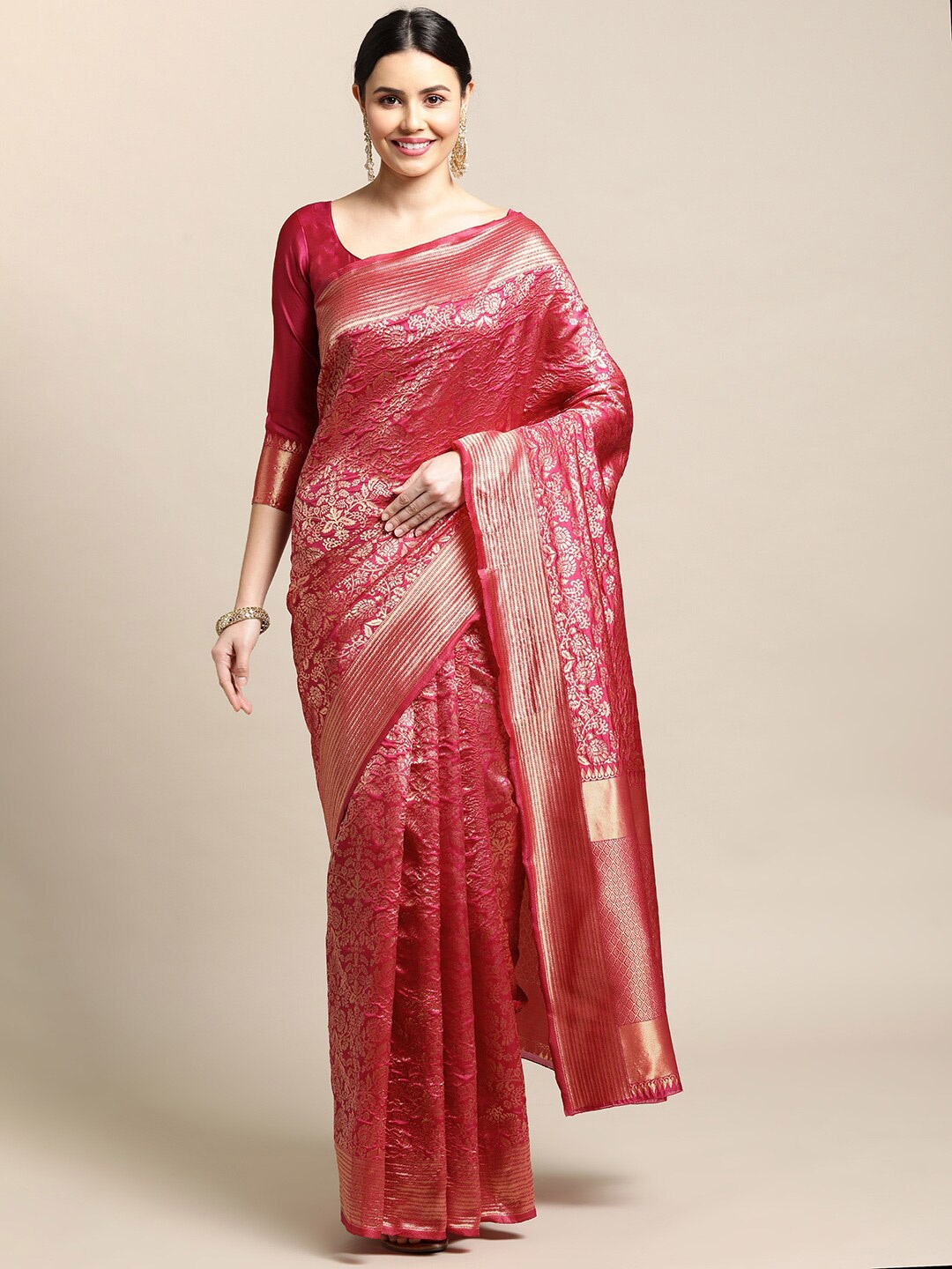 

Atsevam Pink & Gold-Toned Ethnic Motifs Zari Saree
