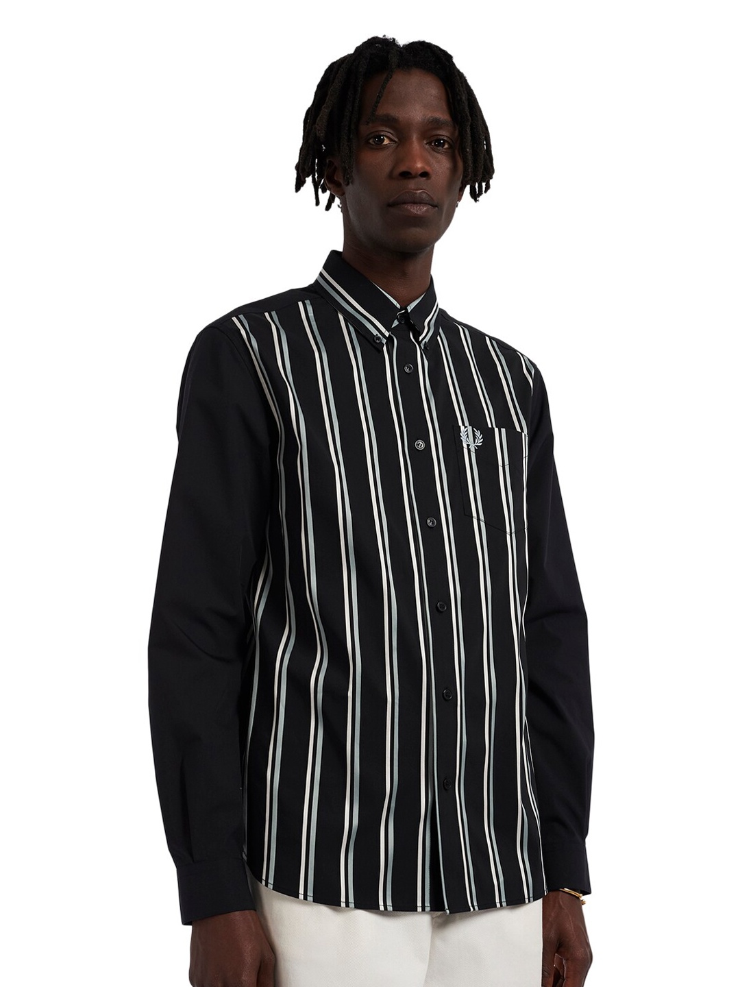 

Fred Perry Men Black & White Comfort Striped Pure Cotton Casual Shirt