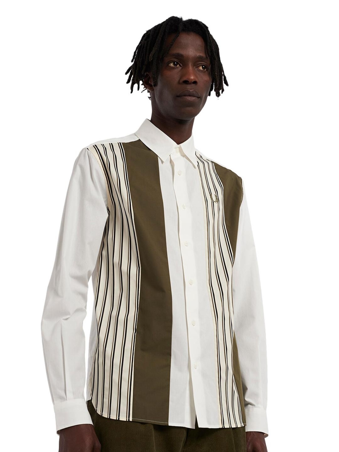 

Fred Perry Men White & Olive Green Comfort Striped Pure Cotton Casual Shirt