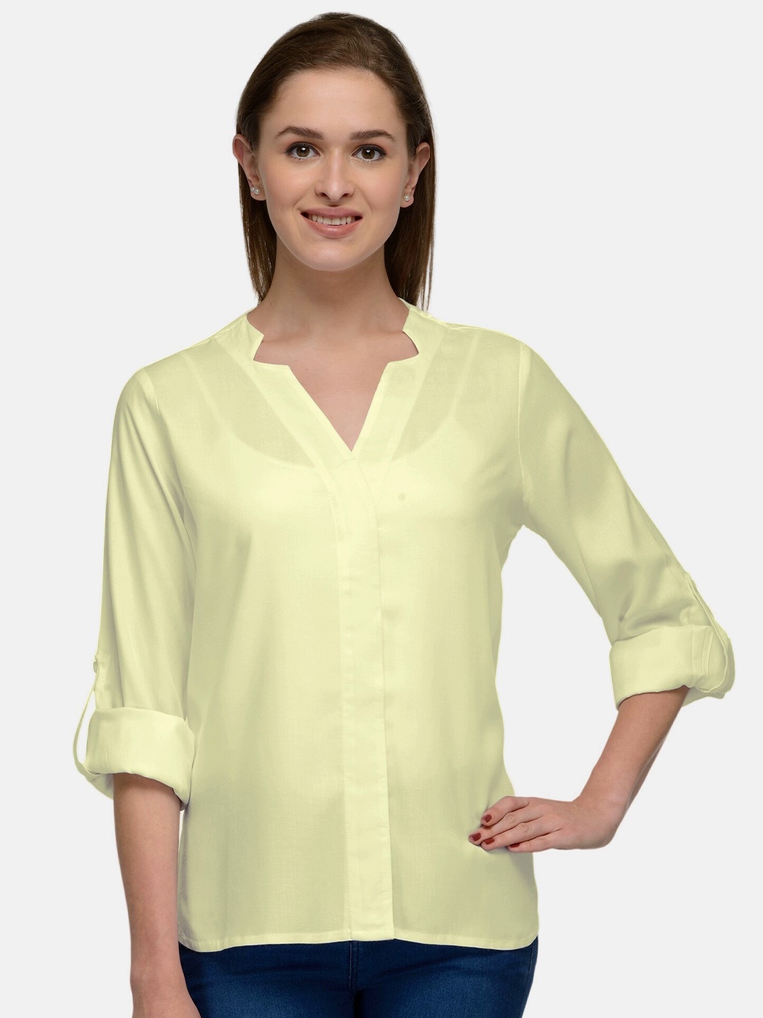 

PATRORNA Women Cream-Coloured Solid Comfort Casual Shirt