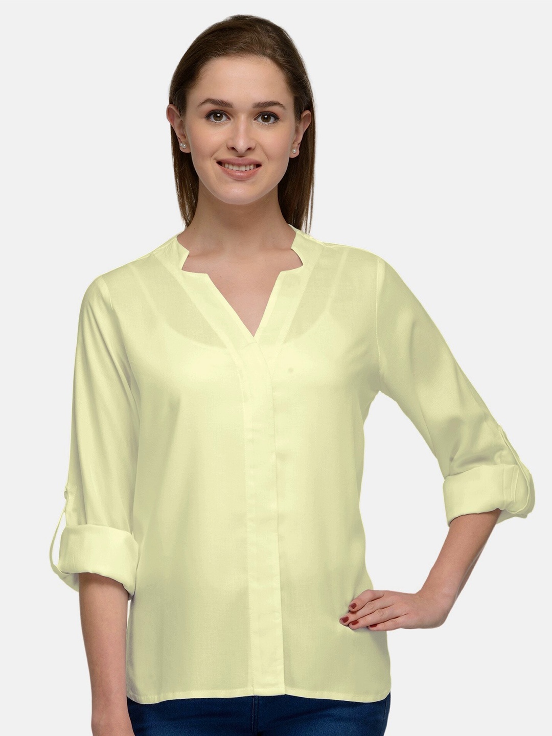

PATRORNA Women Cream-Coloured Solid Comfort Casual Shirt