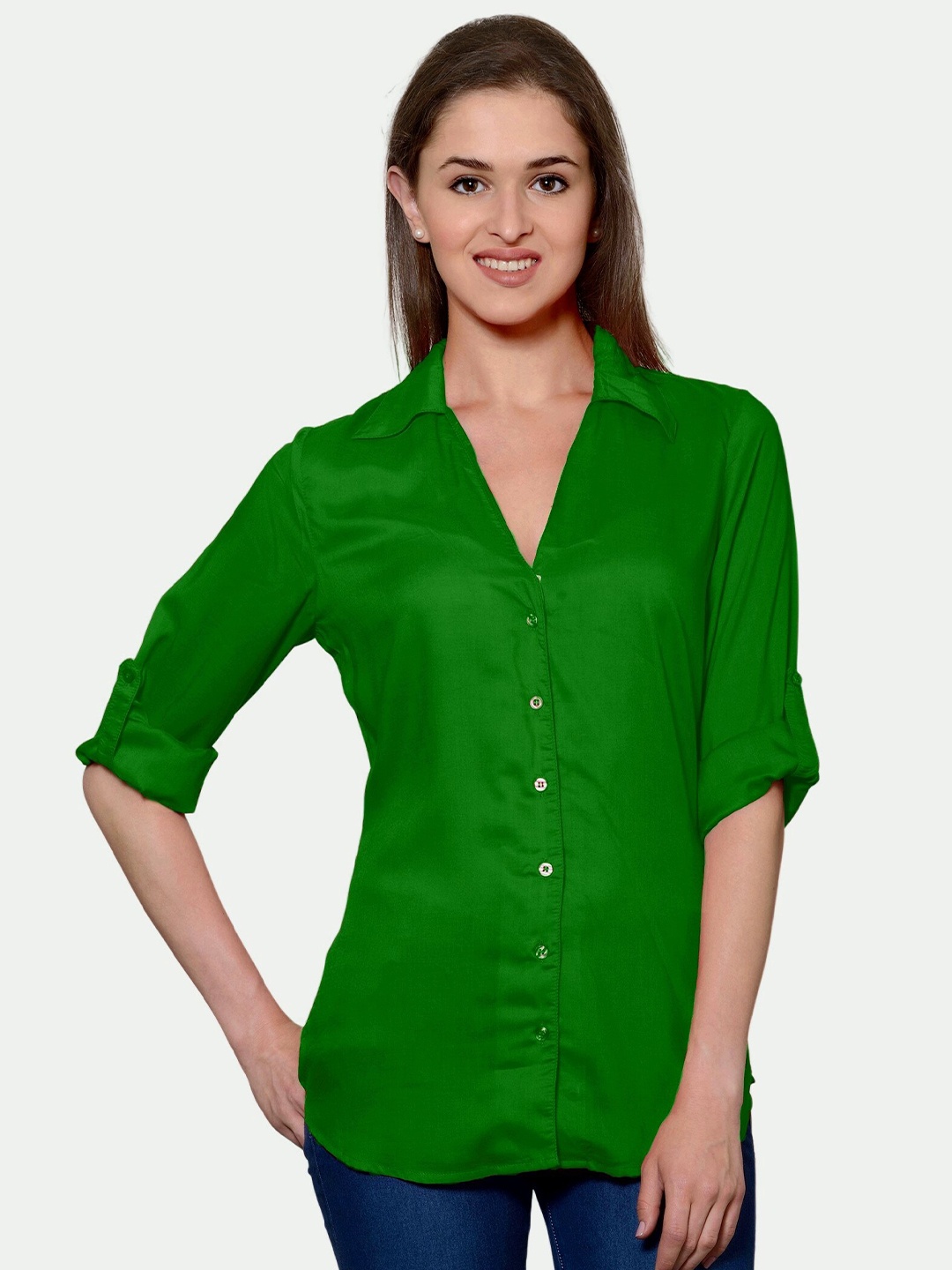 

PATRORNA Women Green Solid Comfort Casual Shirt