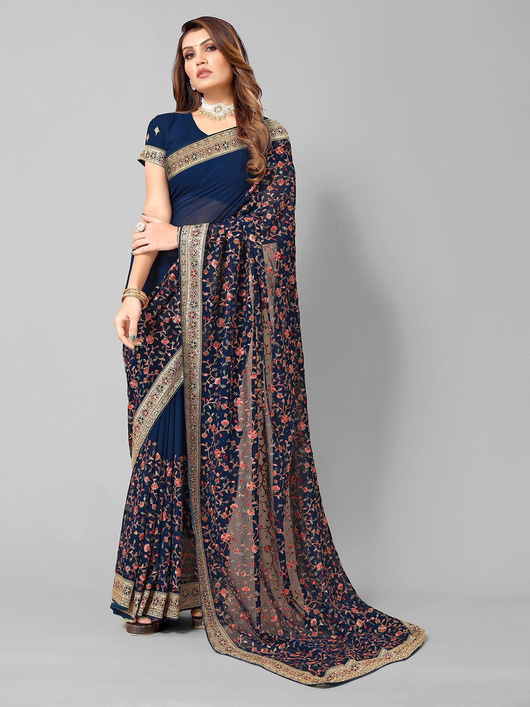 

all about you Navy Blue & Red Floral Embroidered Saree