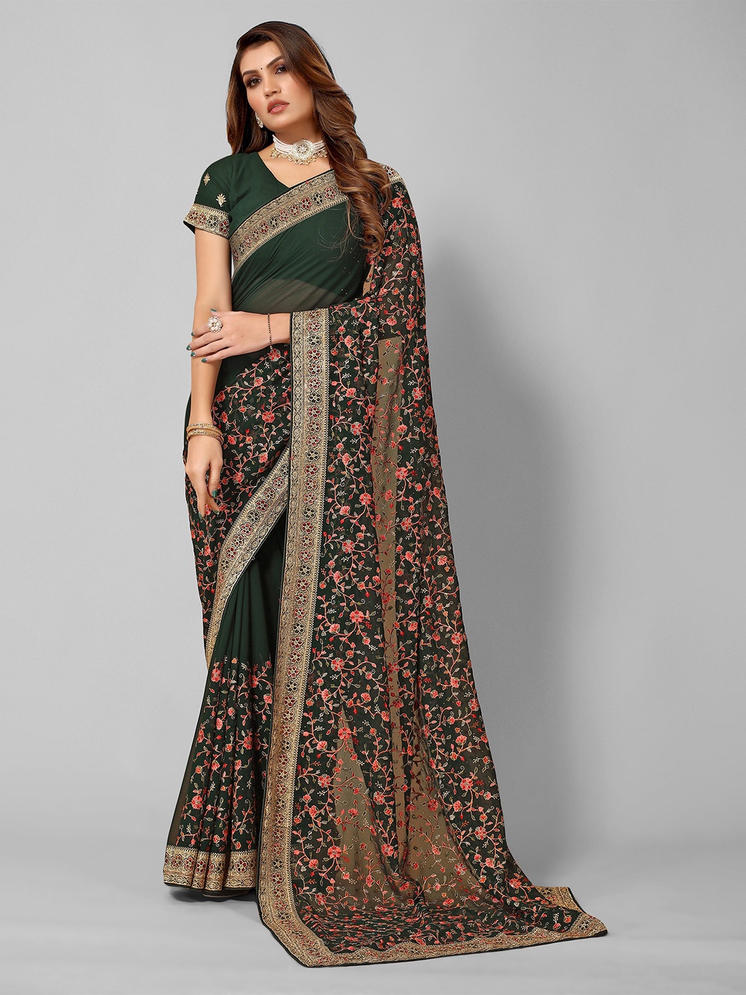 

all about you Green & Pink Floral Embroidered Saree