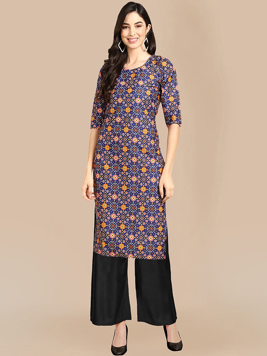 

KALINI Women Blue Ethnic Motifs Printed Silk Crepe Kurta with Palazzos