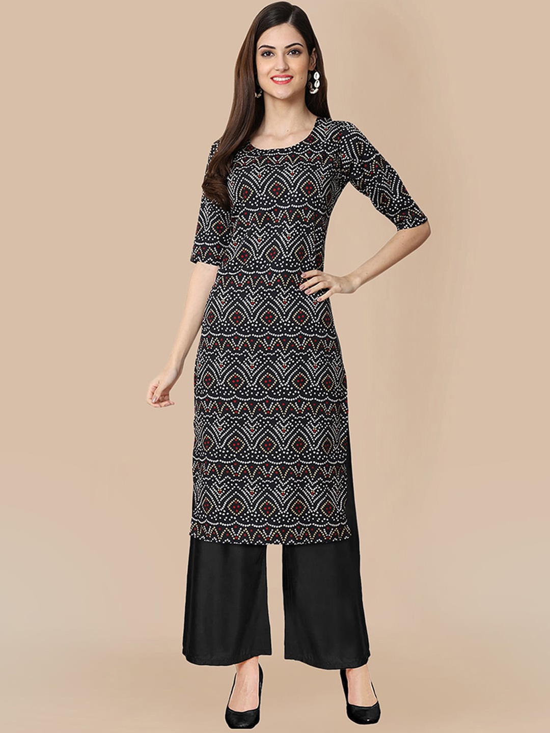 

KALINI Women Ethnic Motifs Printed Panelled Silk Crepe Kurta with Trousers, Black