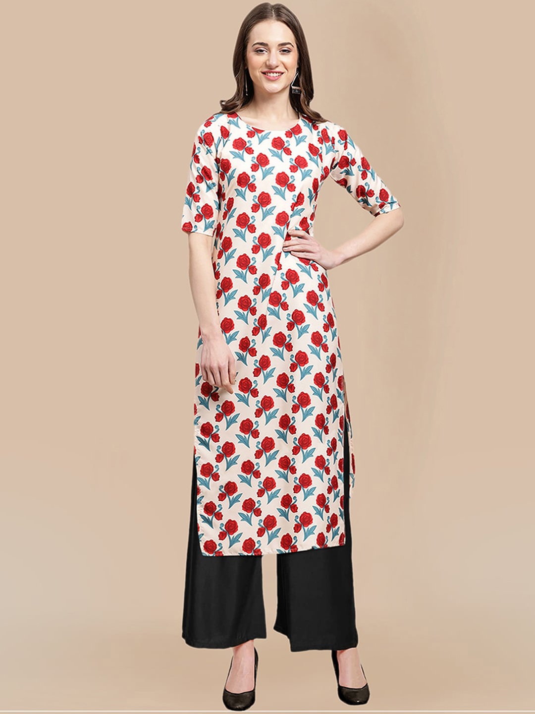 

KALINI Women Floral Printed Silk Crepe Kurta with Palazzos, Cream