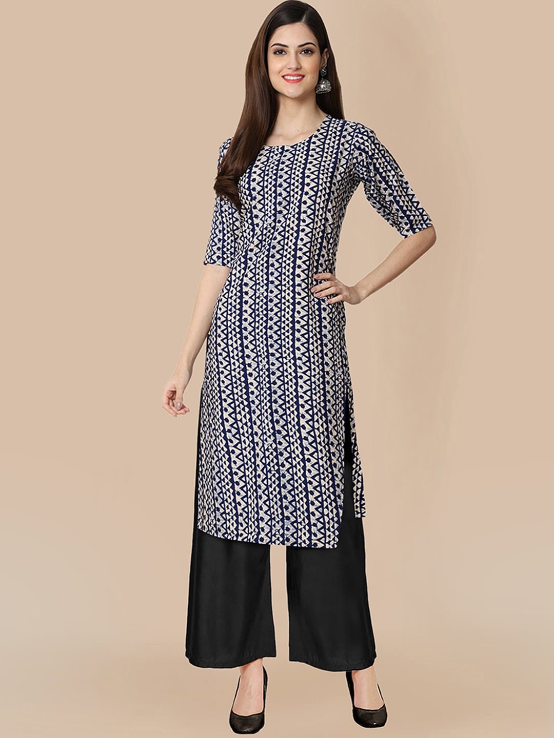 

KALINI Women Ethnic Motifs Printed Silk Crepe Kurti with Trousers, Blue