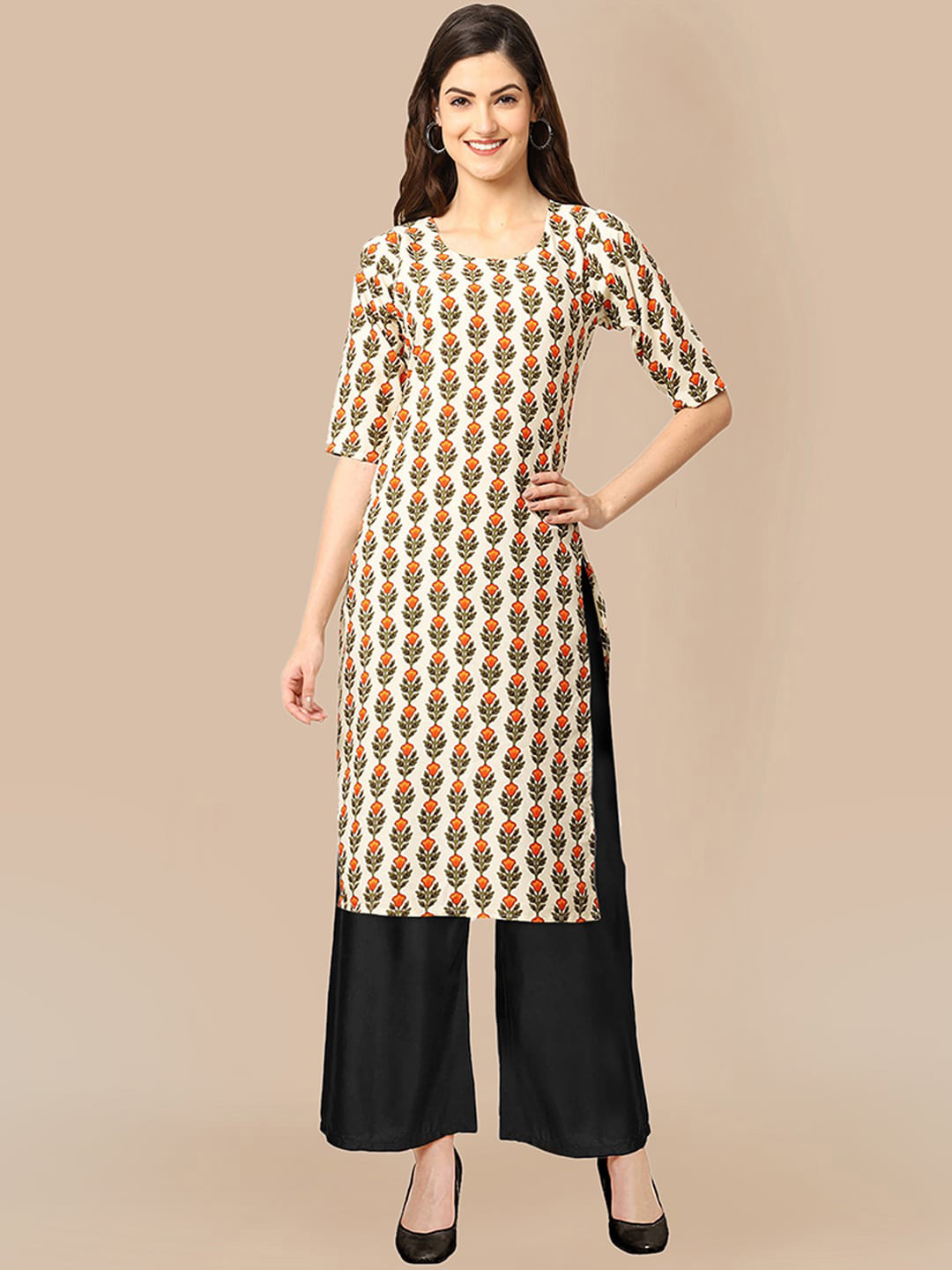 

KALINI Women Beige Panelled Silk Crepe Kurti with Trousers