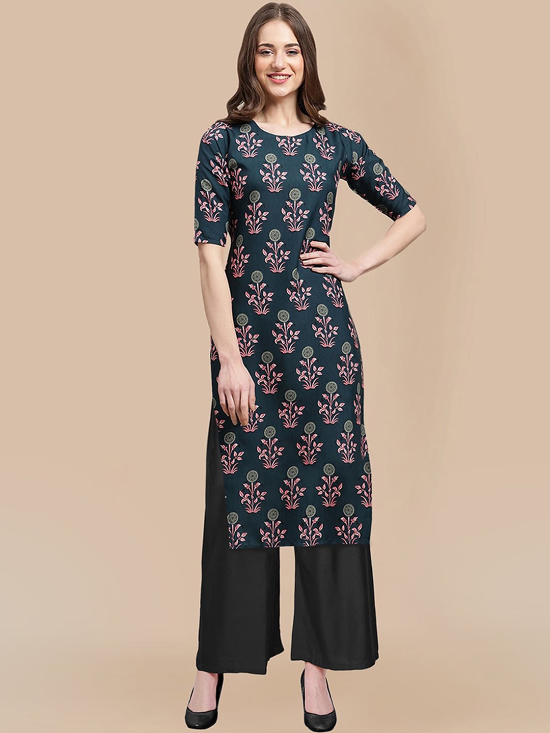 

KALINI Women Floral Block Printed Crepe Kurta With Trouser, Olive