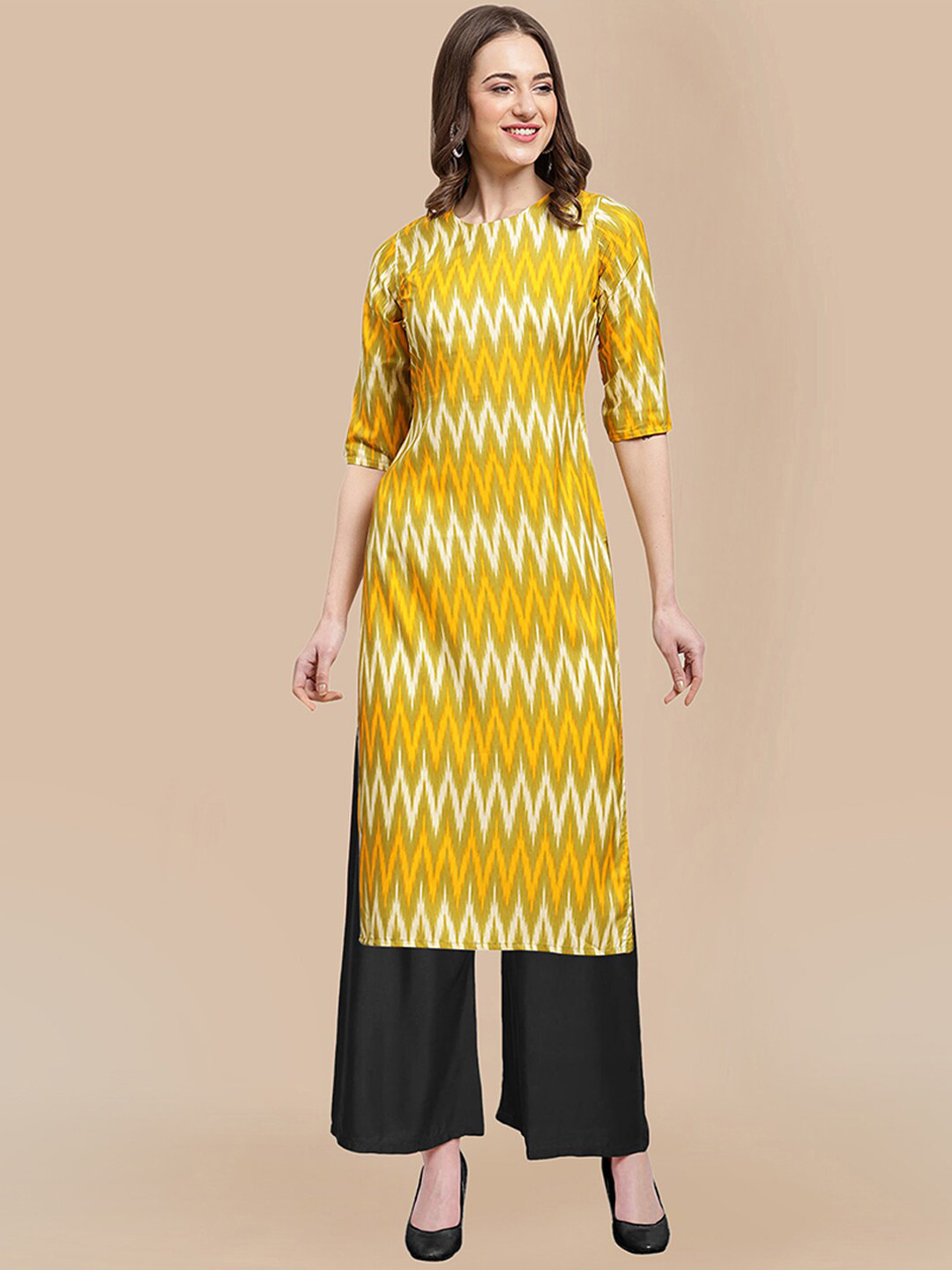 

KALINI Women Yellow Striped Empire Silk Crepe Kurti with Trousers