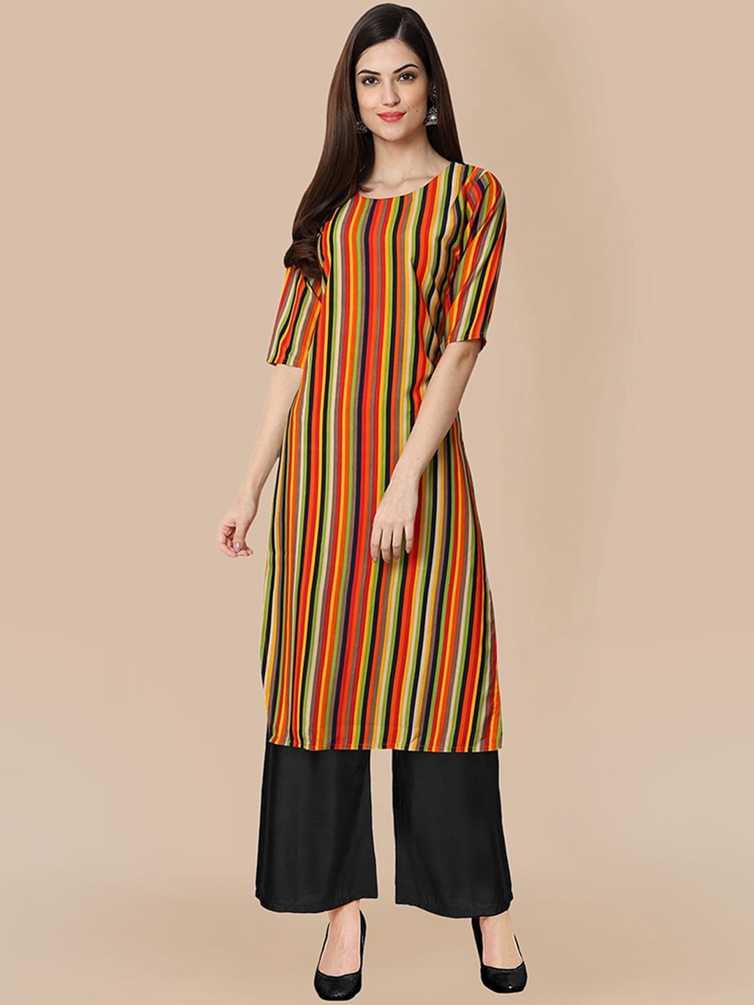 

KALINI Women Striped Silk Crepe Kurta with Palazzos, Orange